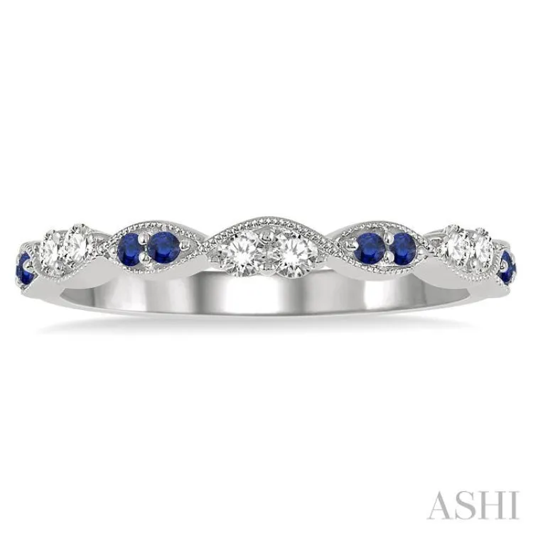 1.35 MM Round Cut Sapphire and 1/5 Ctw Round Cut Diamond Half Eternity Wedding Band in 14K White Gold