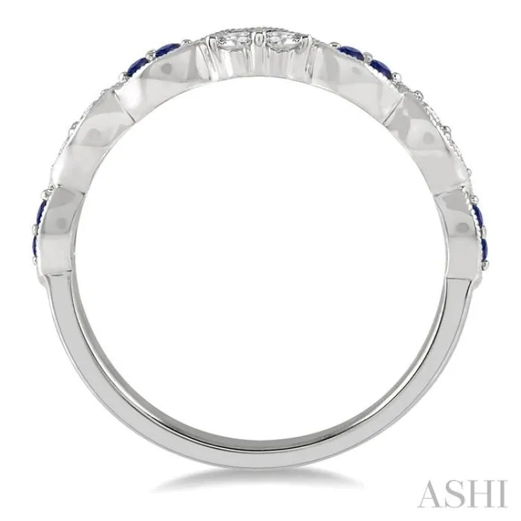 1.35 MM Round Cut Sapphire and 1/5 Ctw Round Cut Diamond Precious Half Eternity Wedding Band in 14K White Gold