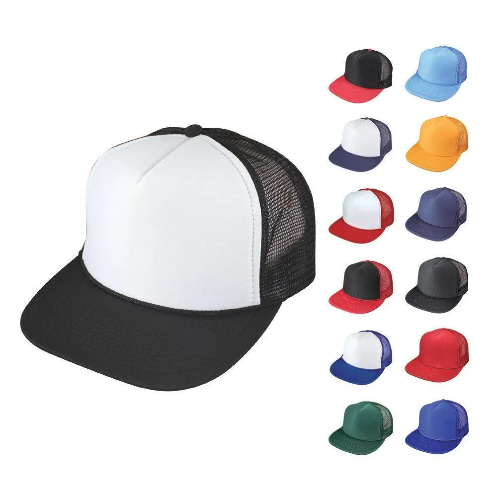 2 Dozen Flat Bill Blank 5 Panel Mesh Foam Trucker Baseball Hats Caps Wholesale Bulk