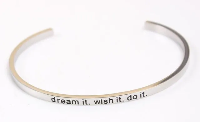 2017 New Stainless Steel Engraved Positive Inspirational Quote Hand Stamped Cuff Mantra Bracelet Bangle For Women Best Gifts