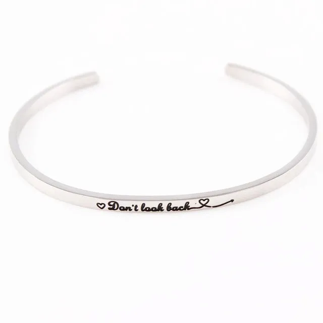 2017 New Stainless Steel Engraved Positive Inspirational Quote Hand Stamped Cuff Mantra Bracelet Bangle For Women Best Gifts