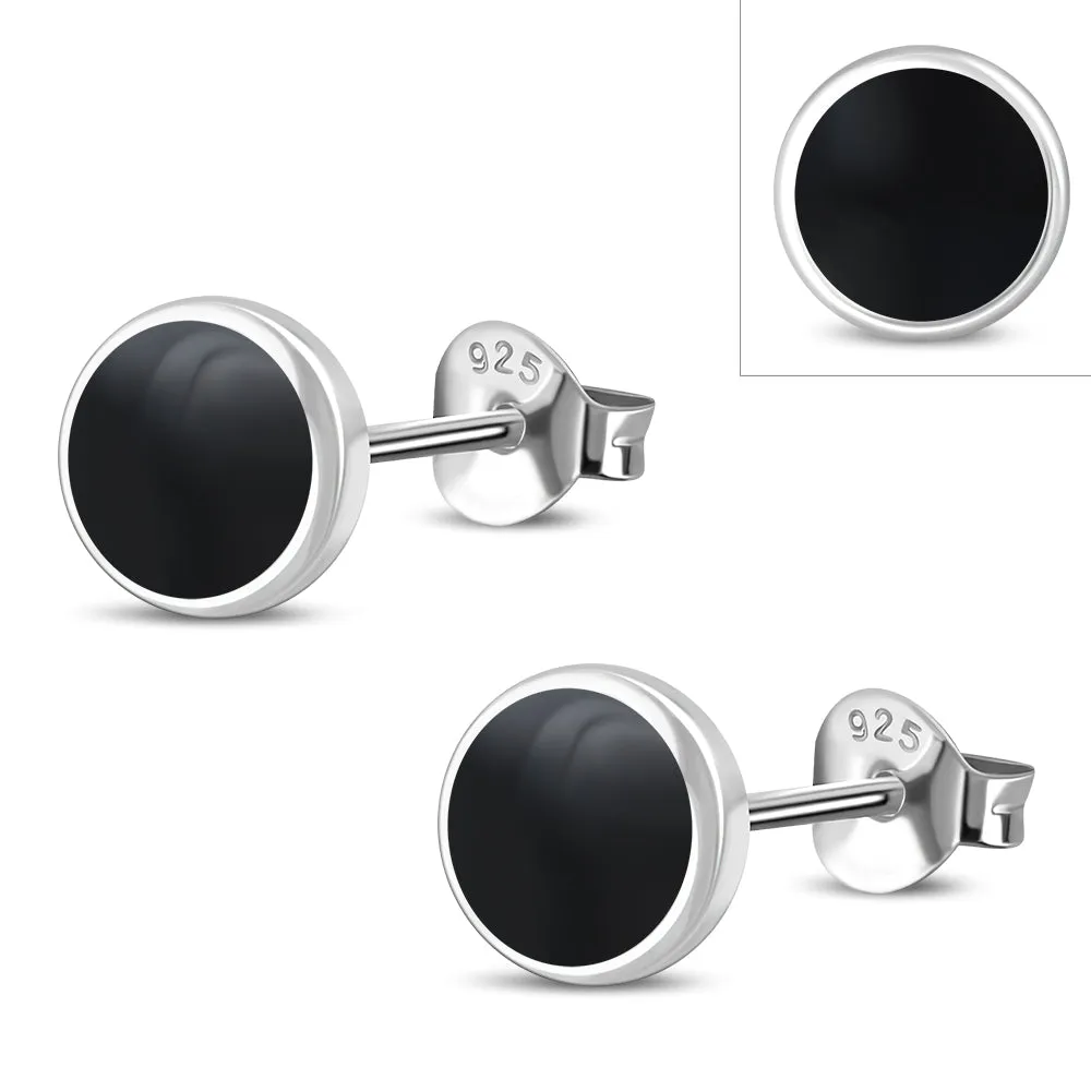 8.00mm | Black Onyx Simple Round Silver Stud Earrings