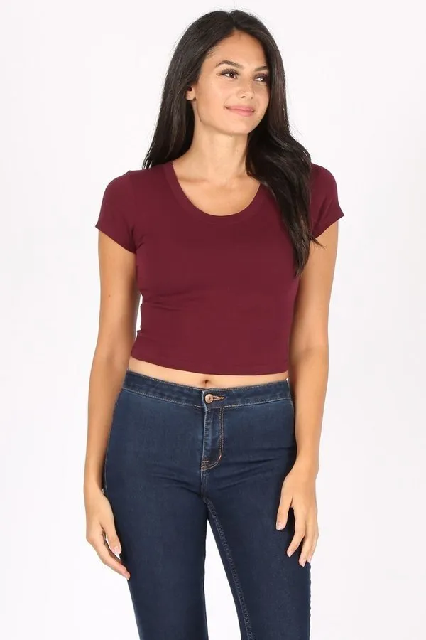 Basic Solid Short Sleeve Stretch Crop Top *Cropped Fit *Long sleeve available (313LCR) Model: 5'7" wearing size Small