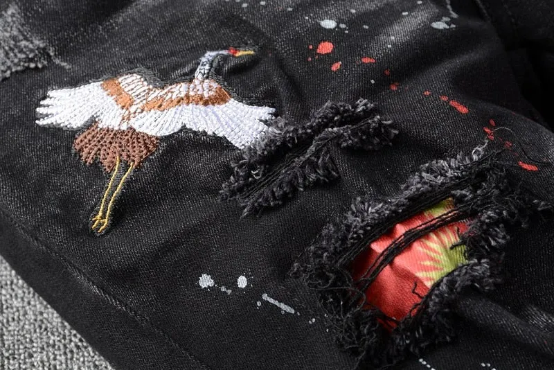 Bird Embroidery Art Patches Slim Casual Style Men Jeans