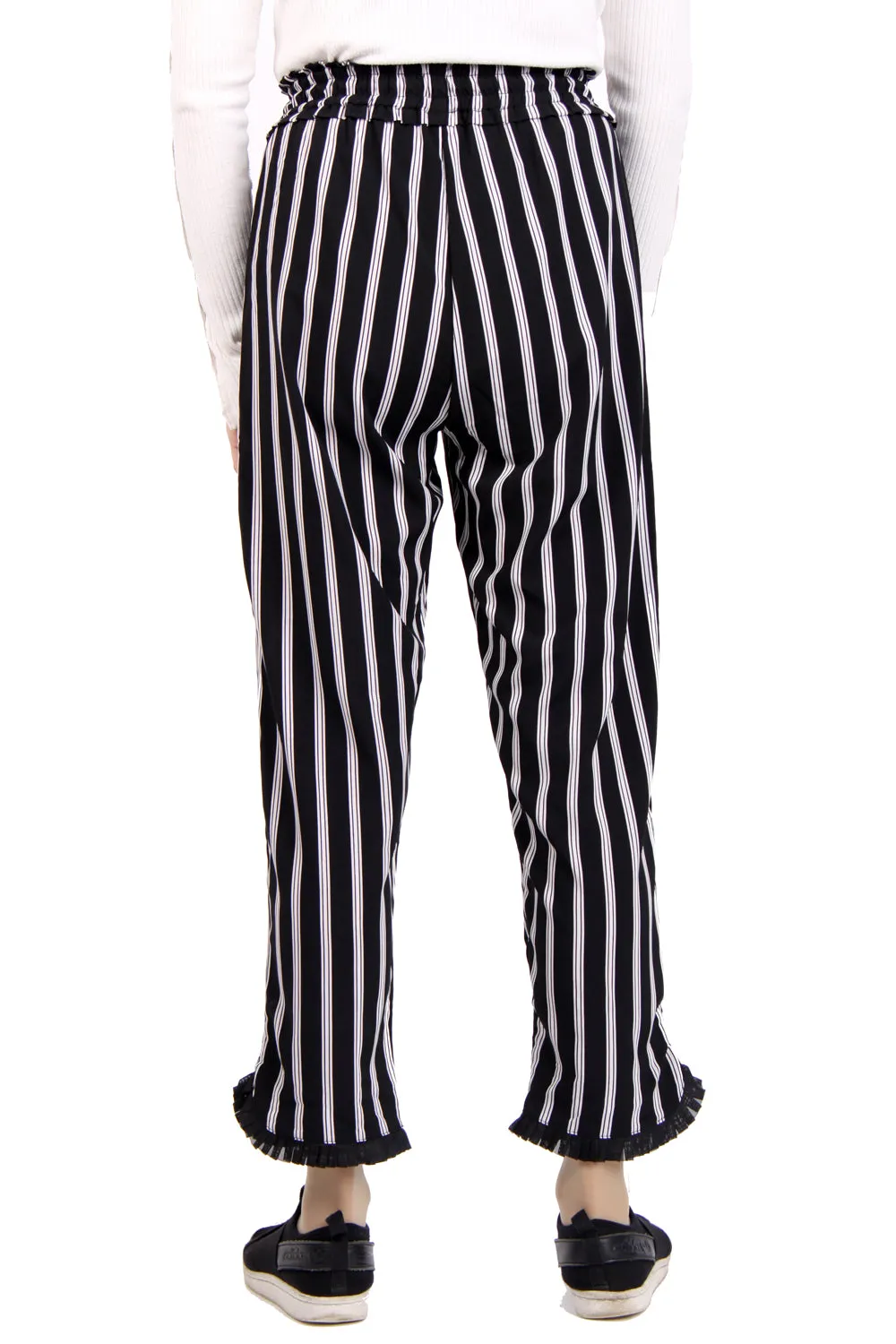 Black and White Stripe Pleat Hem Trousers