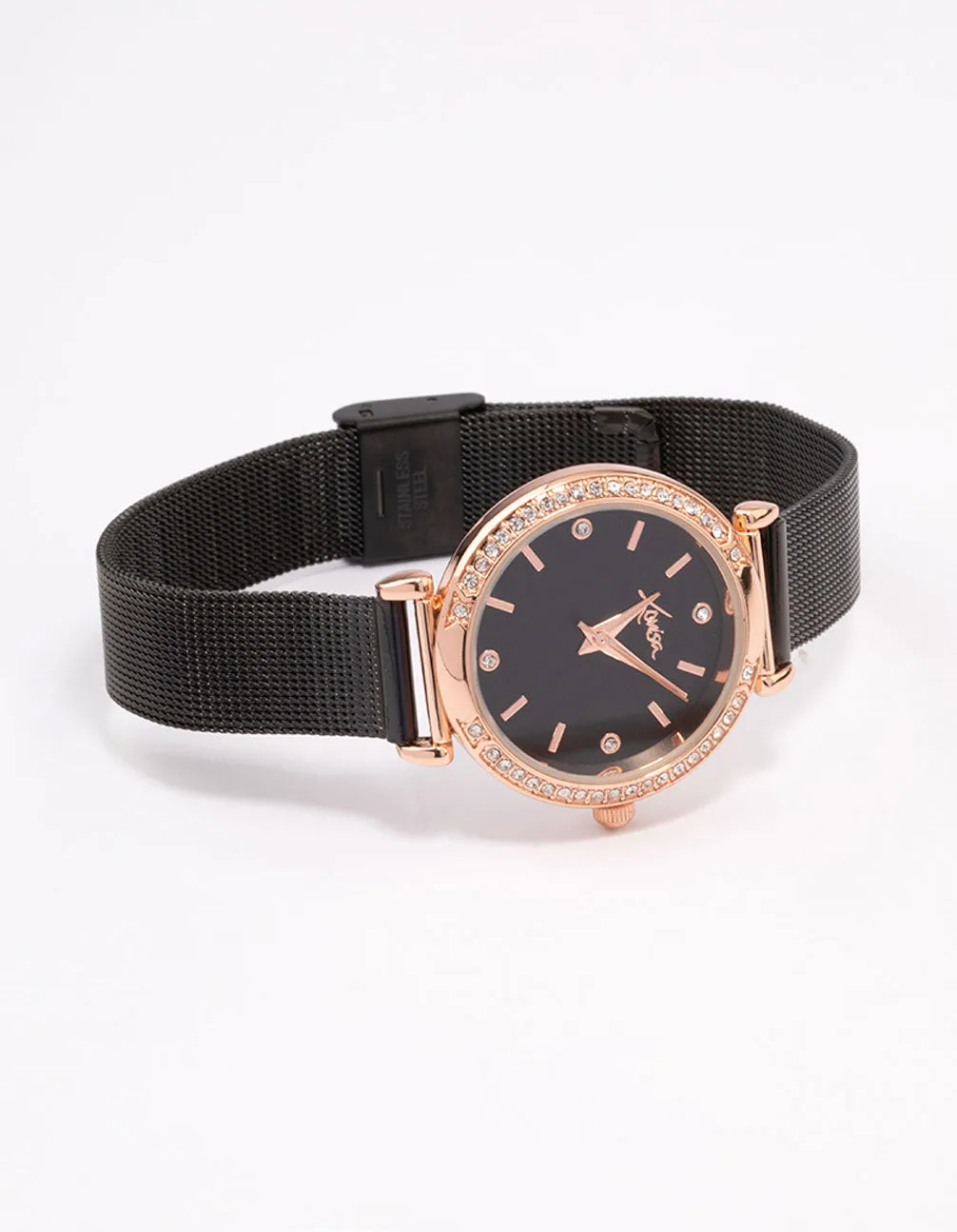 Black Crystal Bezel Mesh Watch