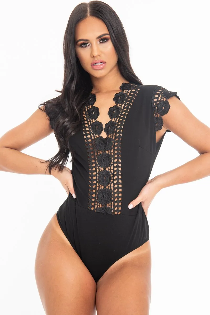 Black Plunge Crochet Insert Cap Sleeve Bodysuit - Zahida