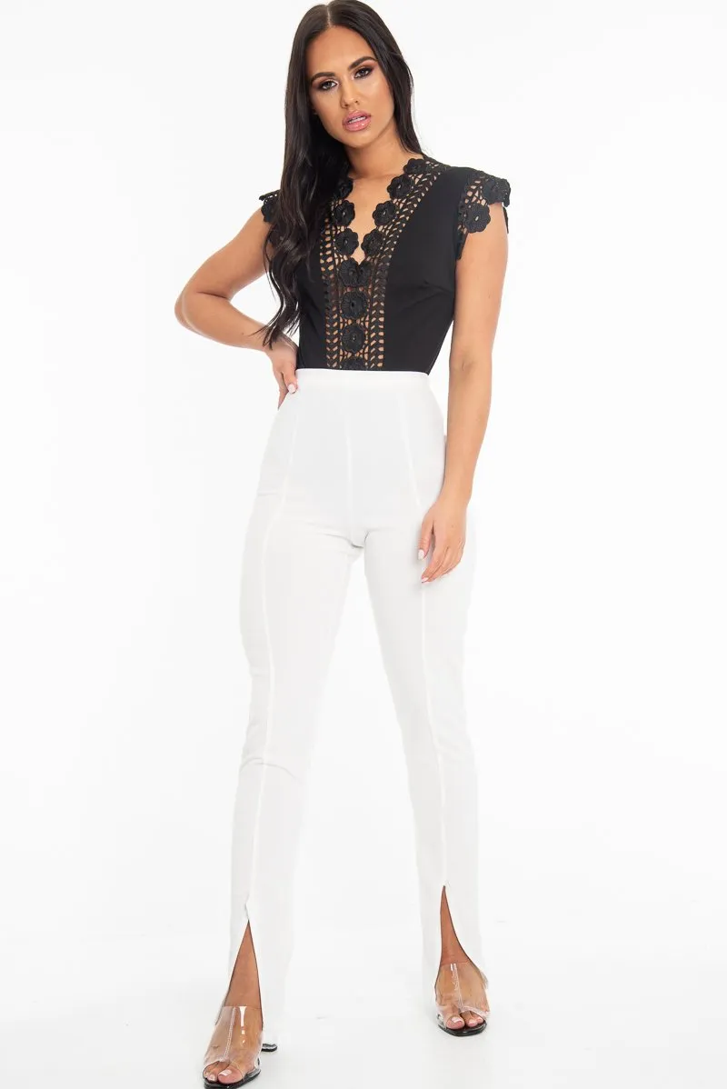 Black Plunge Crochet Insert Cap Sleeve Bodysuit - Zahida