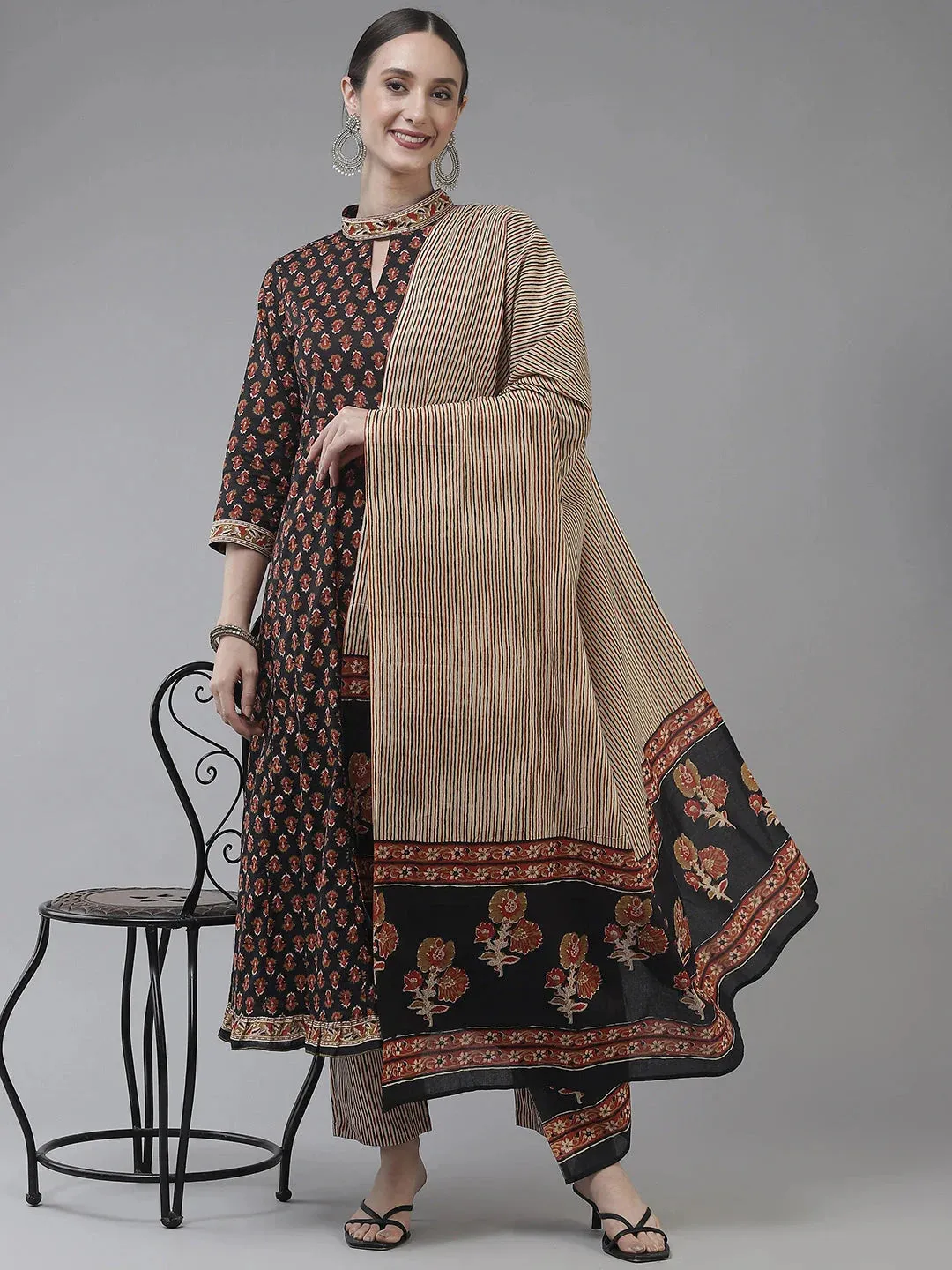 Black Printed A-Line Cotton Dupatta Set