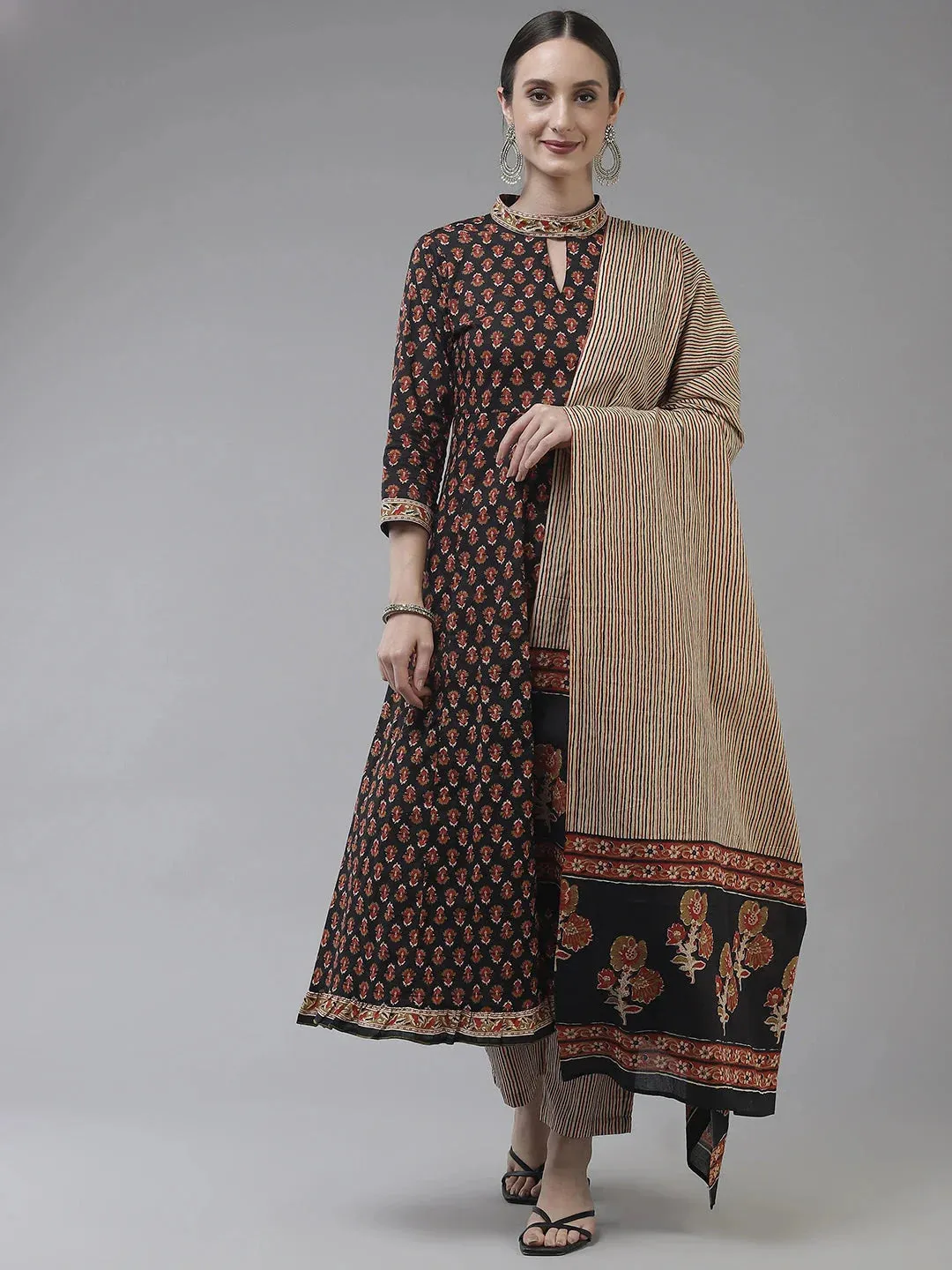 Black Printed A-Line Cotton Dupatta Set