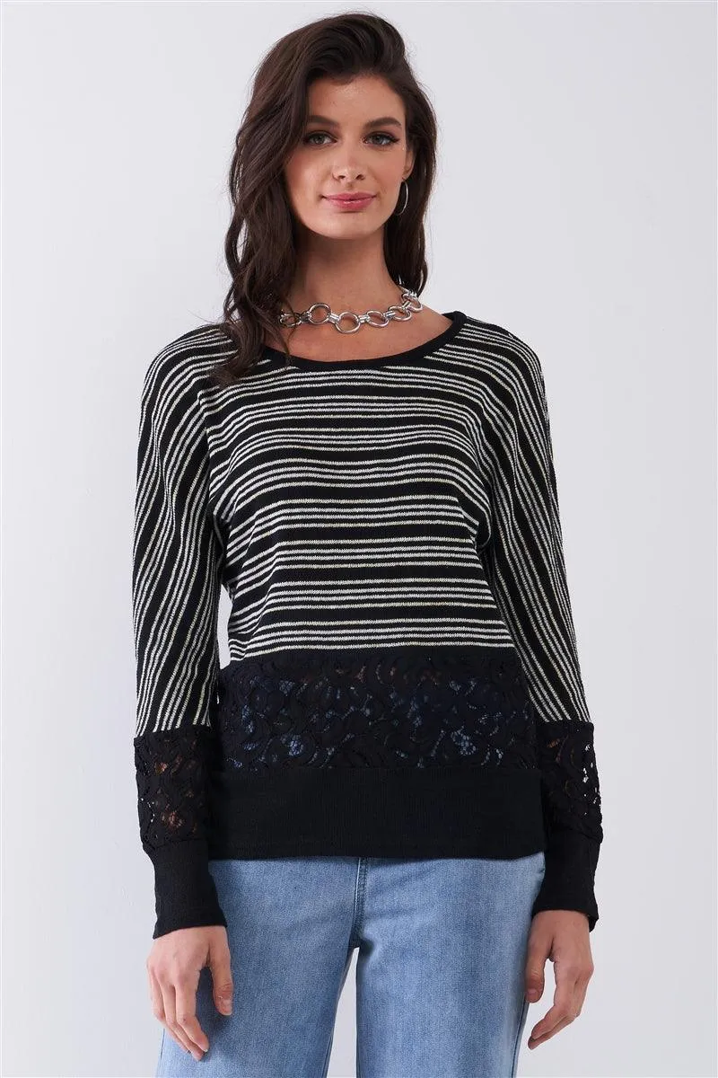 Black Striped Glitter Long Sleeve Sweater Top