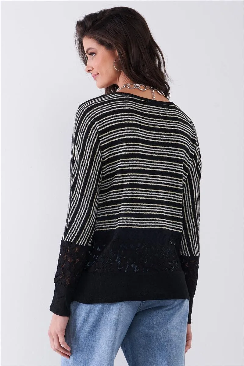 Black Striped Glitter Long Sleeve Sweater Top