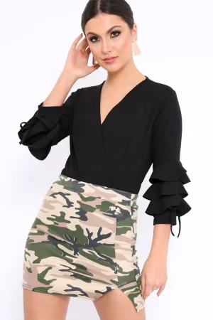 Black Wrap Front Frill Sleeves Bodysuit - Yazlin