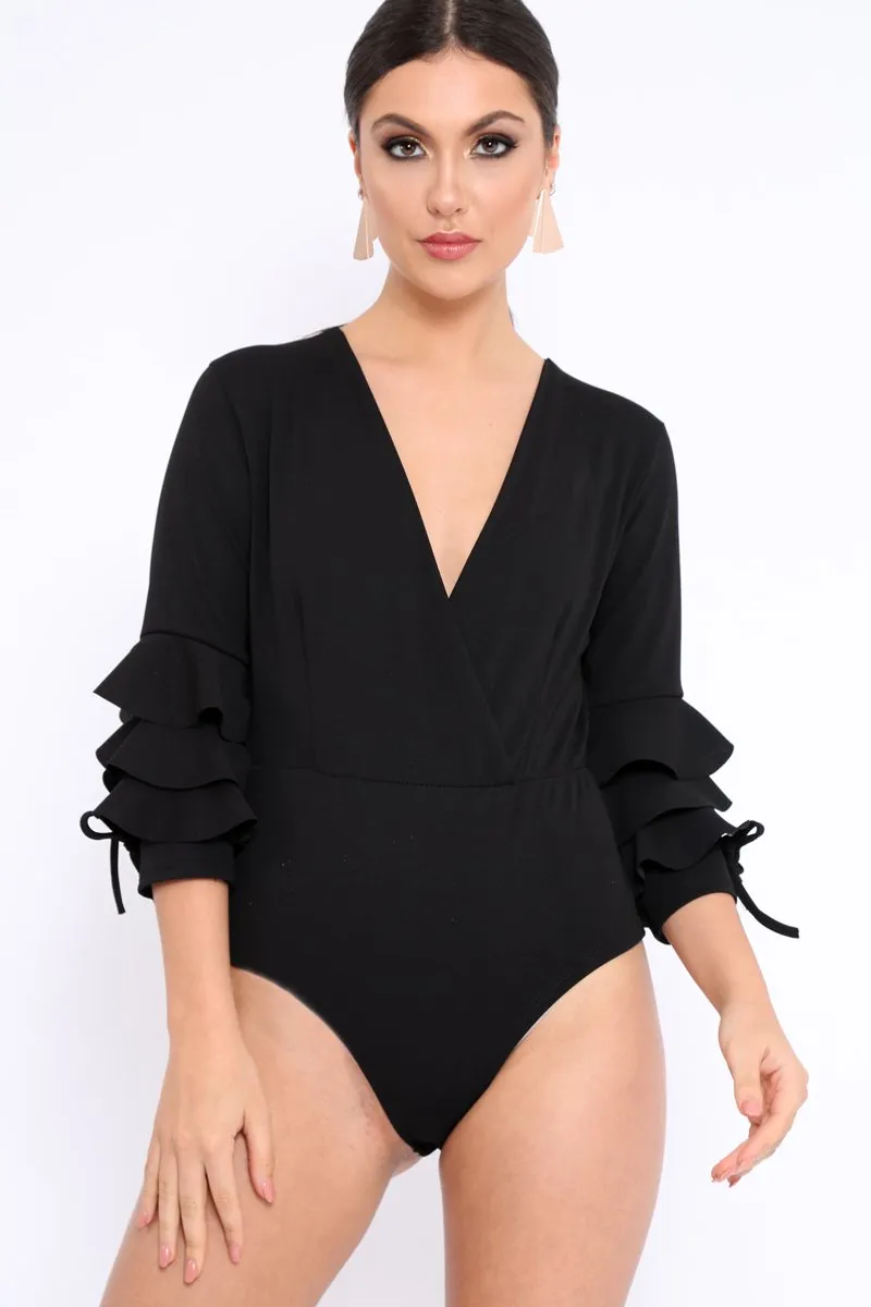 Black Wrap Front Frill Sleeves Bodysuit - Yazlin