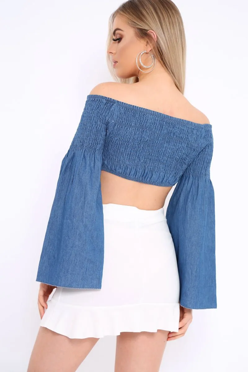 Blue Denim Shirred Flare Sleeve Crop Top - Stazie