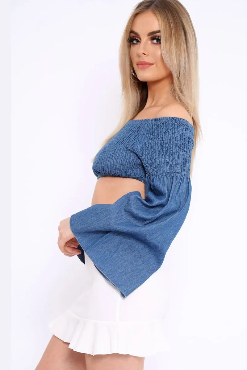 Blue Denim Shirred Flare Sleeve Crop Top - Stazie