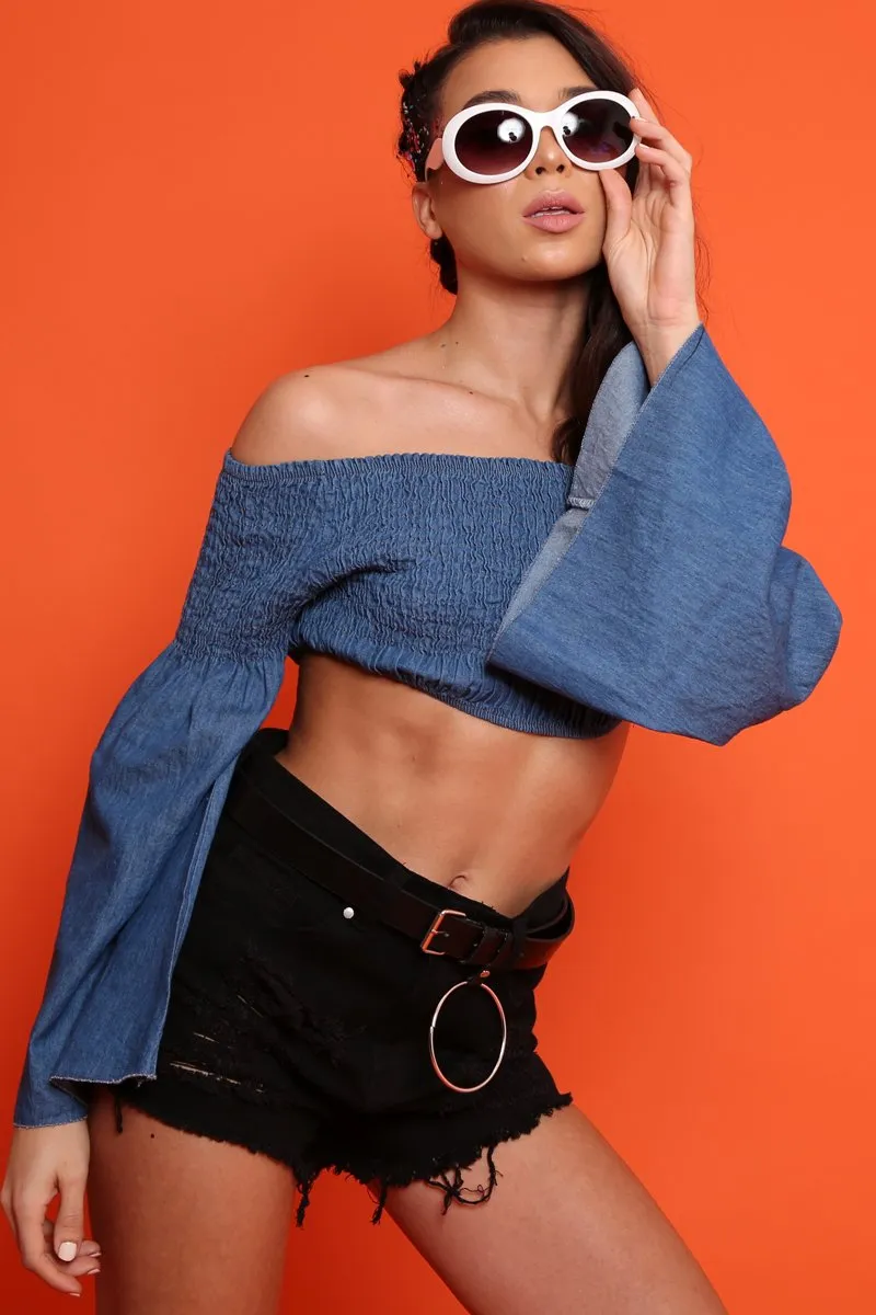 Blue Denim Shirred Flare Sleeve Crop Top - Stazie