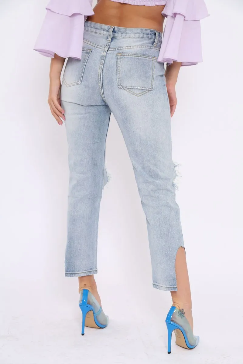 Blue Distressed Knee Cut Out Hem Mum Jeans - Gabryela