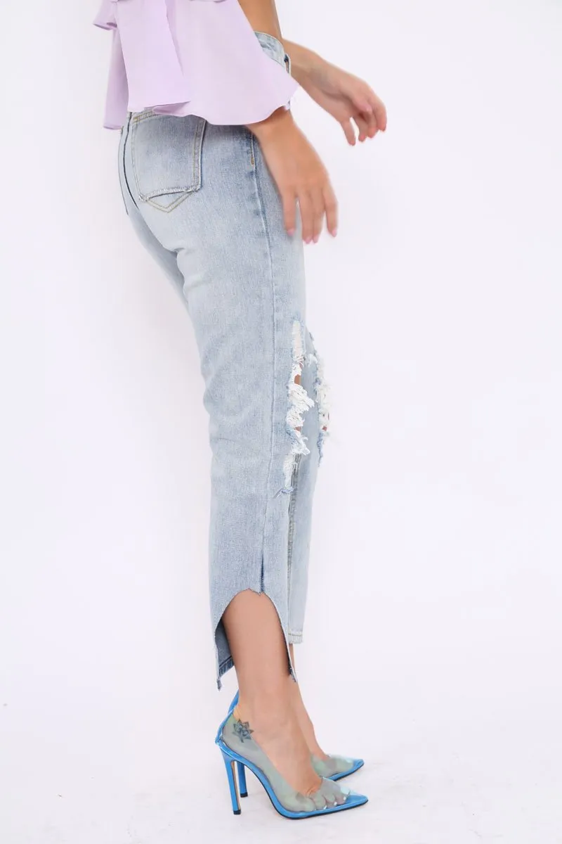 Blue Distressed Knee Cut Out Hem Mum Jeans - Gabryela