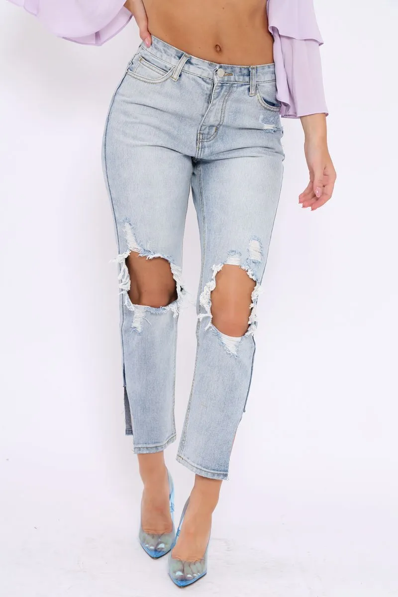 Blue Distressed Knee Cut Out Hem Mum Jeans - Gabryela