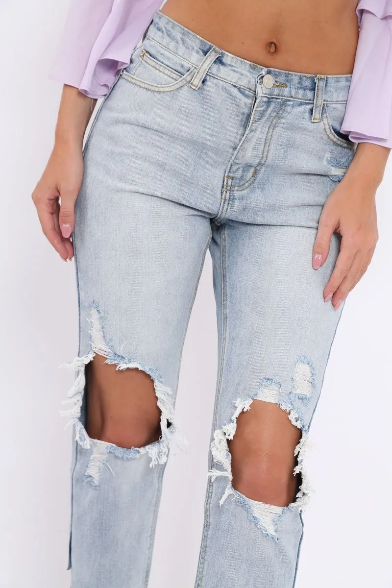 Blue Distressed Knee Cut Out Hem Mum Jeans - Gabryela