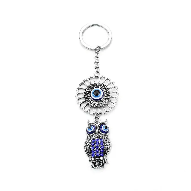 Blue Evil Eye Owl Lucky Charm Protection Tassel Hanger Crystals Car Feng Shui Keychain