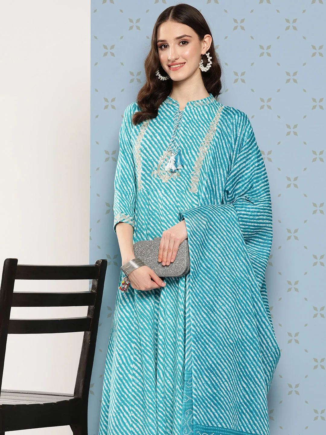 Blue Leheriya Dupatta Set