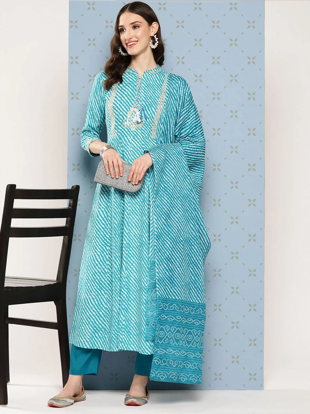 Blue Leheriya Dupatta Set