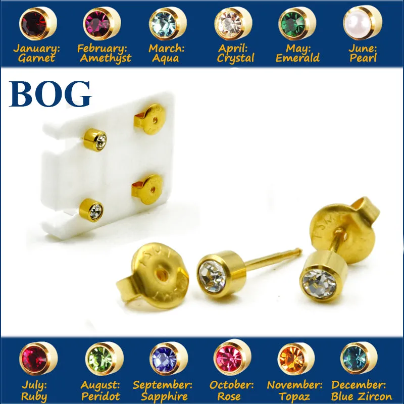 BOG-Pair 24K Gold Plating Surgical Steel 4mm Birthstone CZ Ear Stud Earrings Studs Studex Tragus Cartilage Piercing Body Jewelry