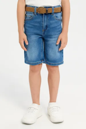 Boys Navy Plain Shorts With Braided Belt