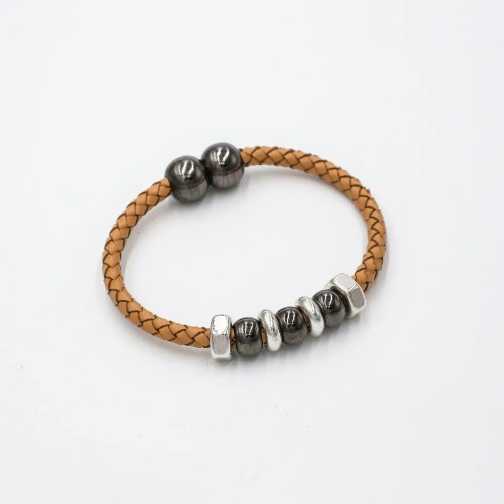 Braided Leather & Metal Ball Bracelet