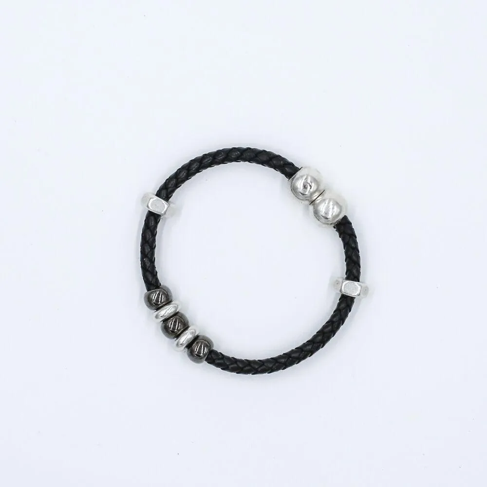 Braided Leather & Metal Ball Bracelet