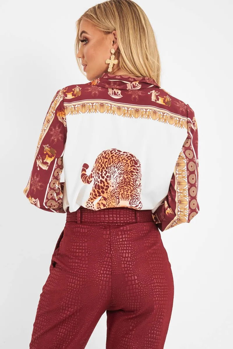 Burgundy Leopard Print Detail Satin Shirt - Corean