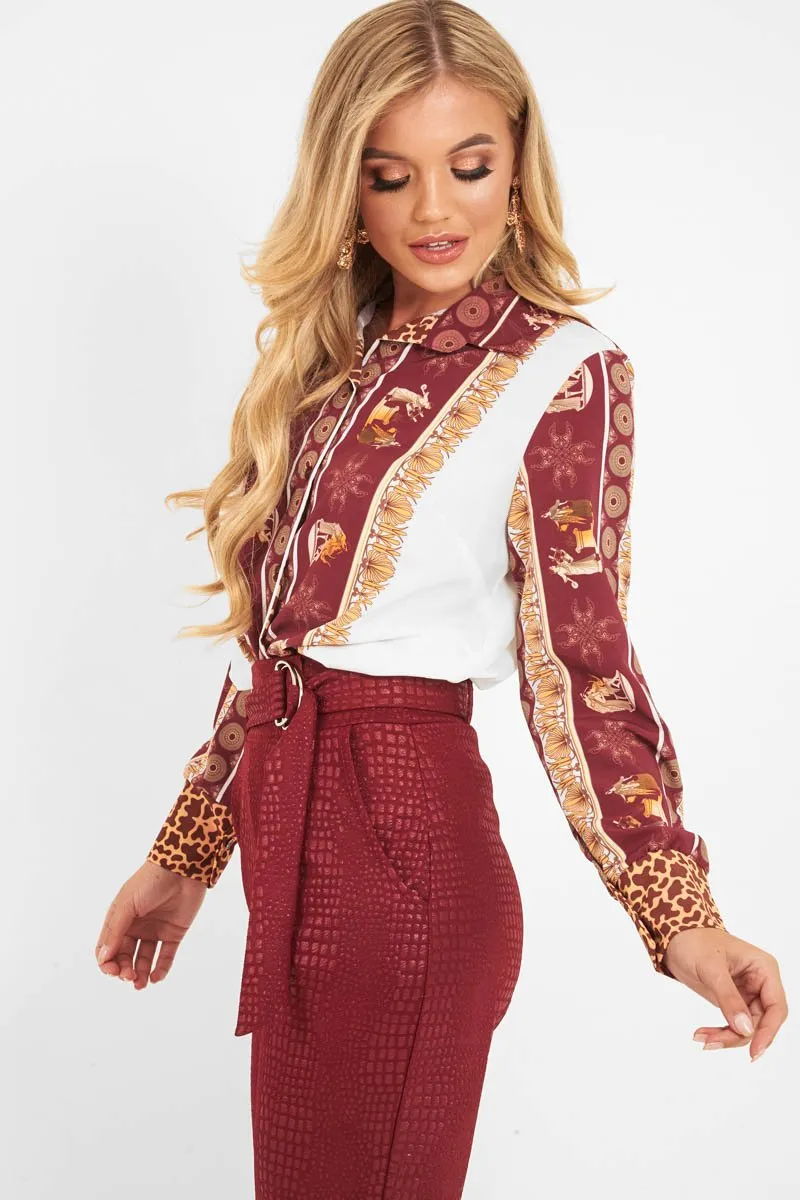 Burgundy Leopard Print Detail Satin Shirt - Corean