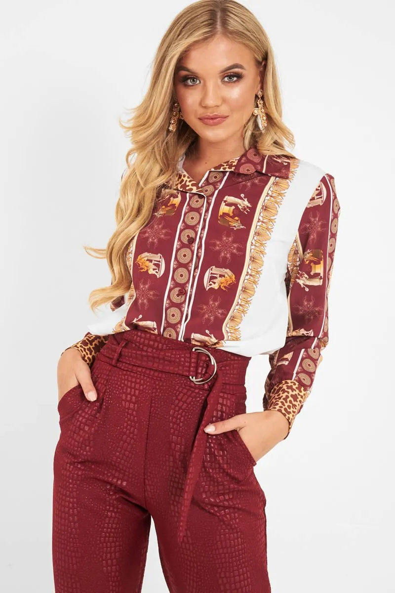 Burgundy Leopard Print Detail Satin Shirt - Corean