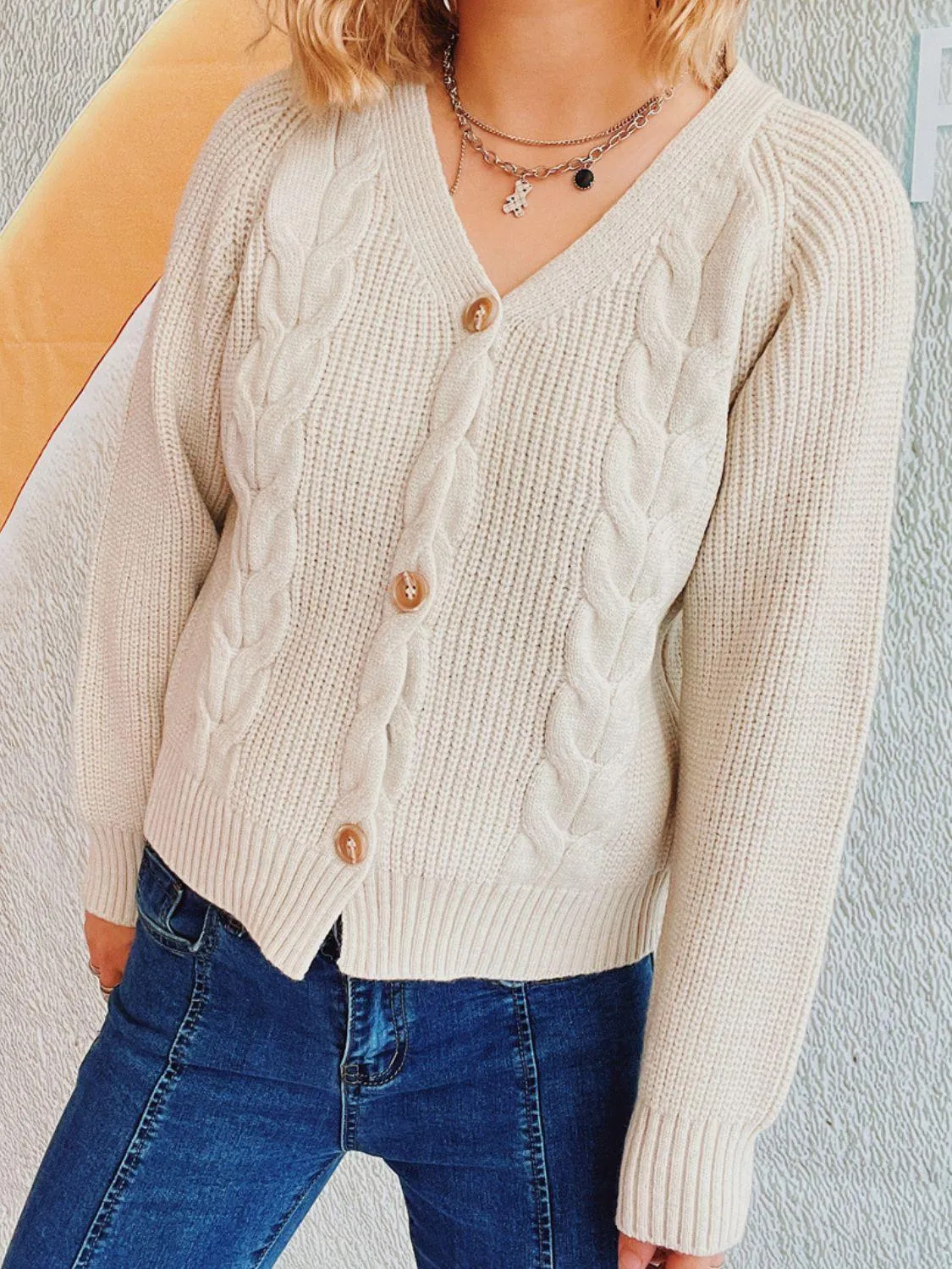 Cable-Knit V-Neck Button Down Long Sleeve Cardigan