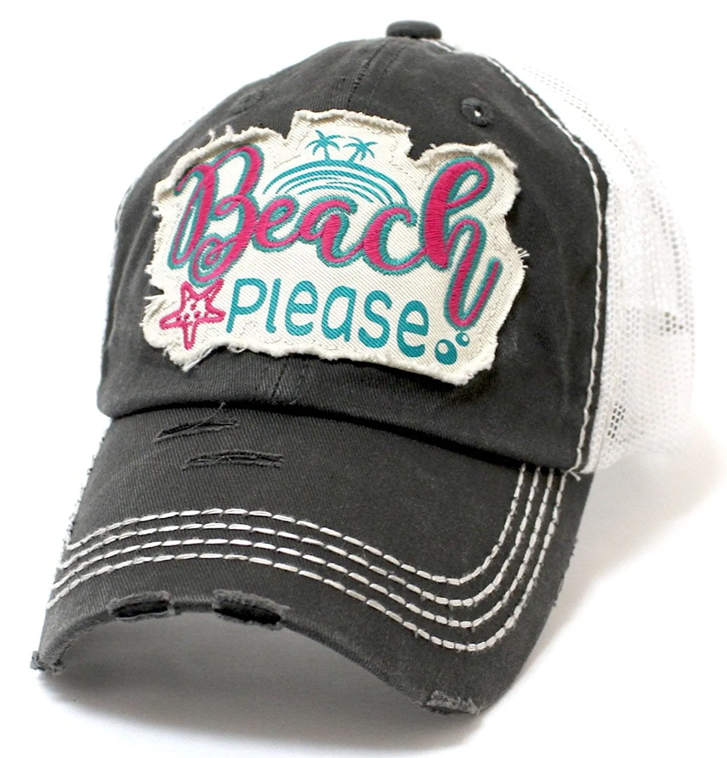 CAPS 'N VINTAGE Women's Beach Please Patch Embroidery Mesh Back Baseball Hat-Blk