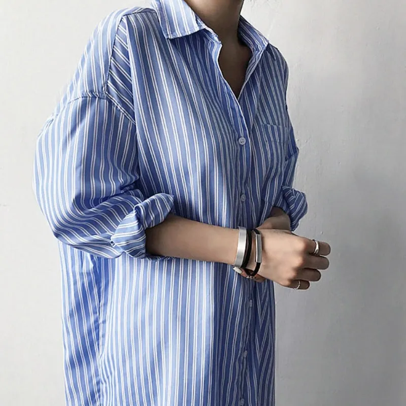 Casual Striped Button Down Style Tea-Length Dresses