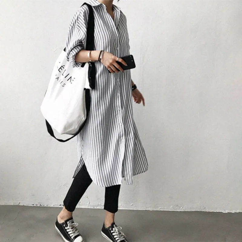 Casual Striped Button Down Style Tea-Length Dresses