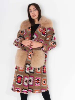 Coat fox Pockets And Neck Crochet Brown