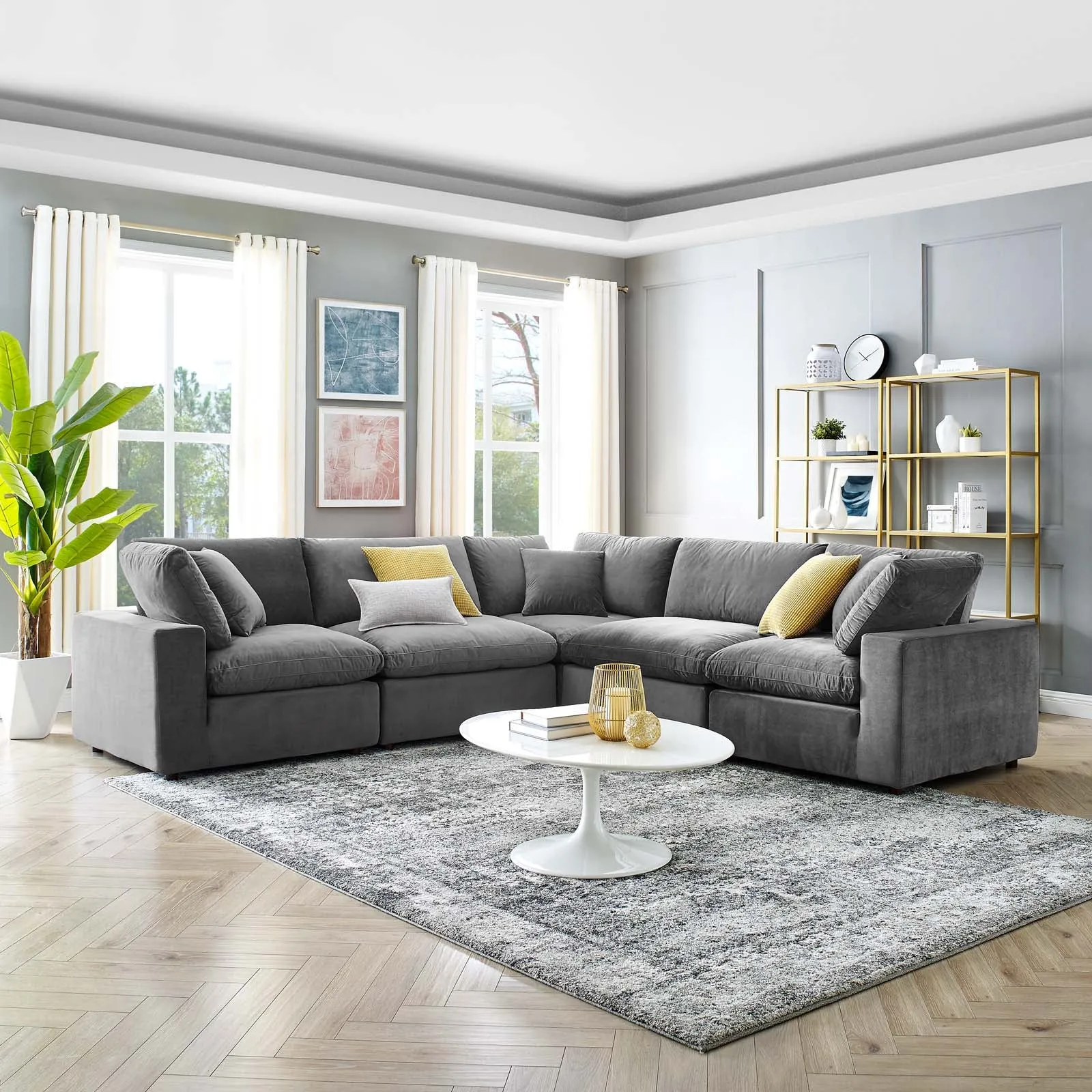 Commix Down  Filled Overstuffed Performance Velvet 5-Piece Sectional Sofa