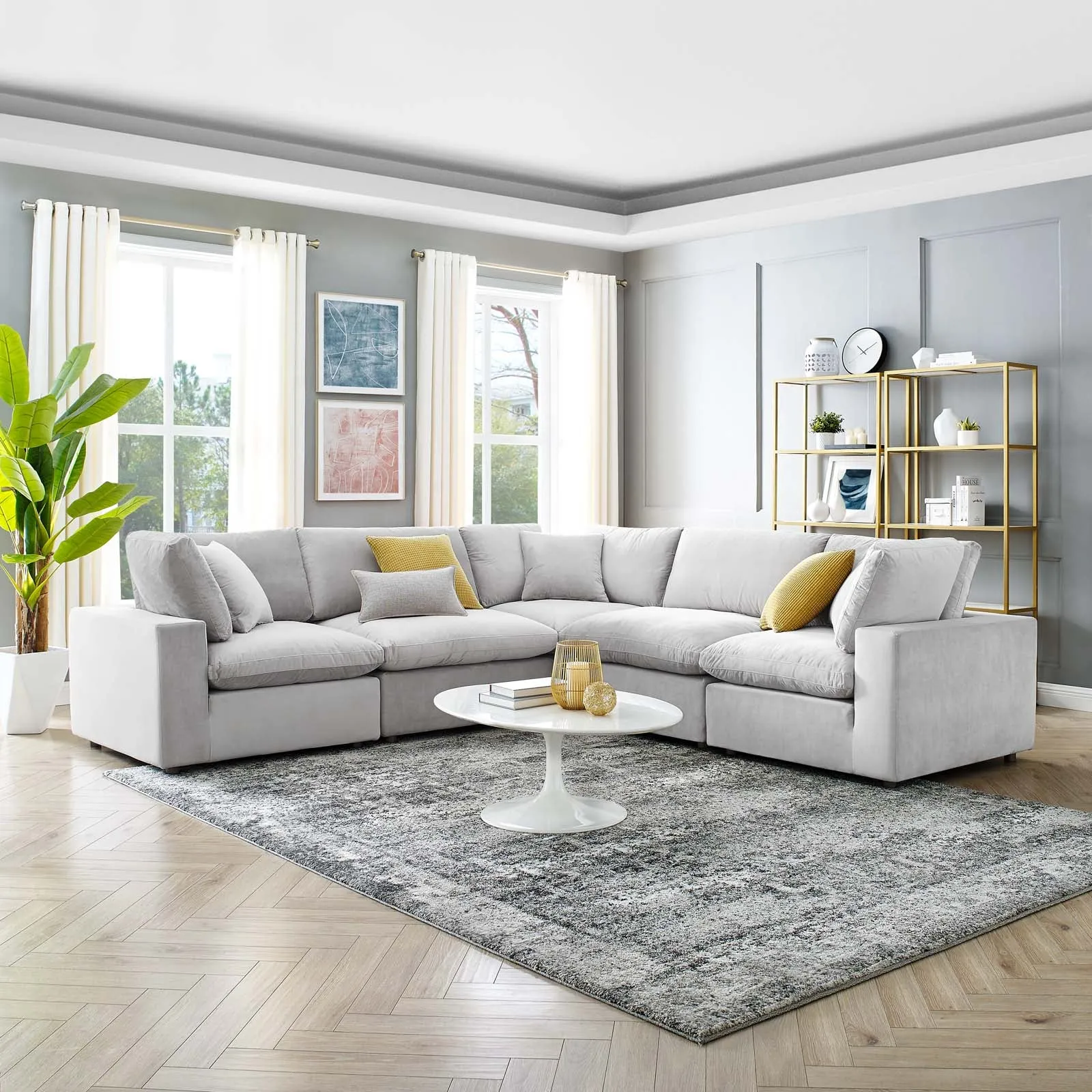 Commix Down  Filled Overstuffed Performance Velvet 5-Piece Sectional Sofa