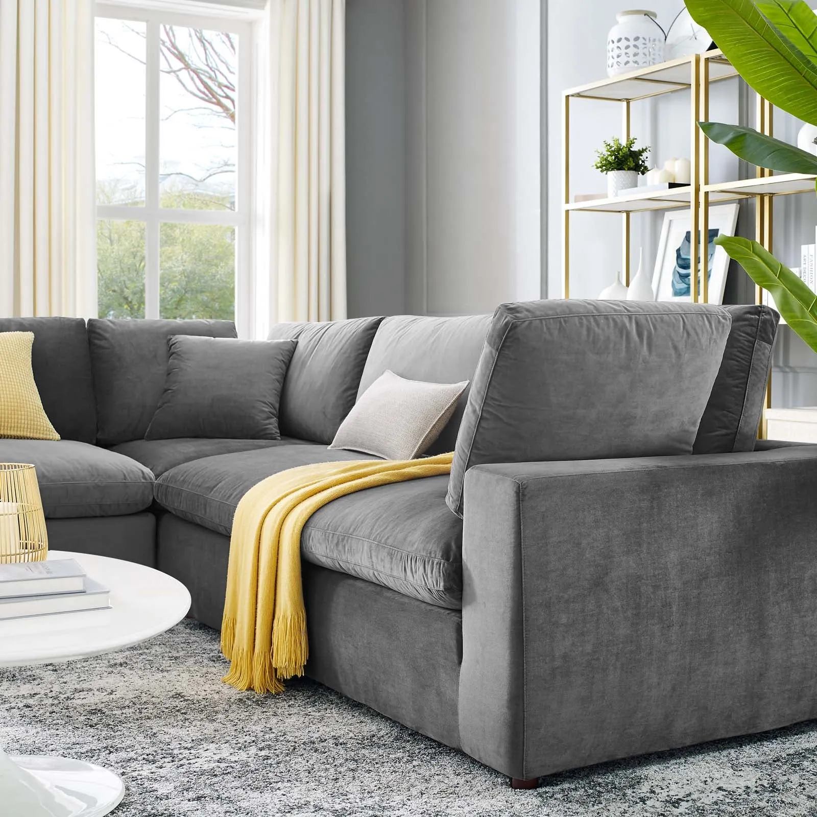 Commix Down  Filled Overstuffed Performance Velvet 5-Piece Sectional Sofa