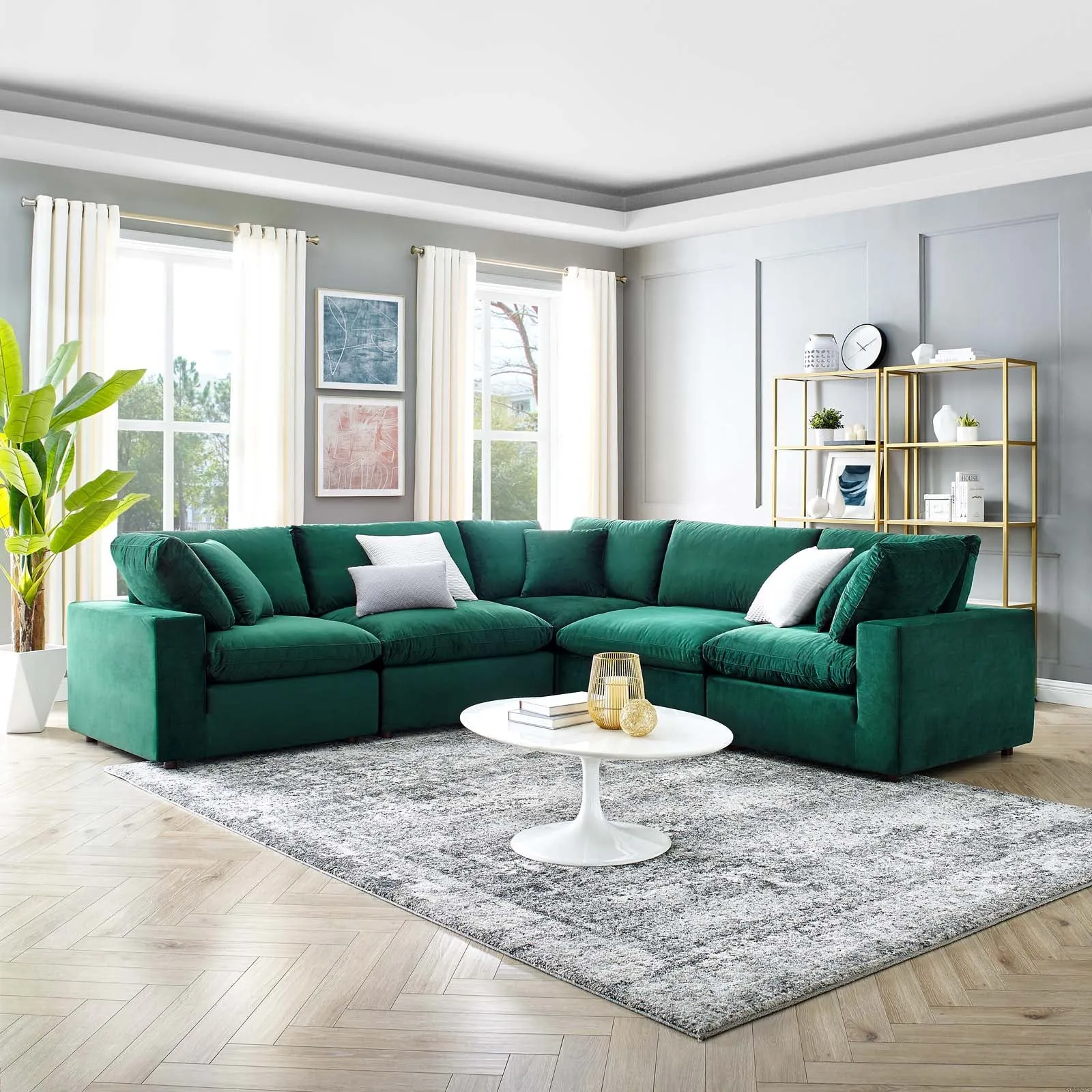 Commix Down  Filled Overstuffed Performance Velvet 5-Piece Sectional Sofa