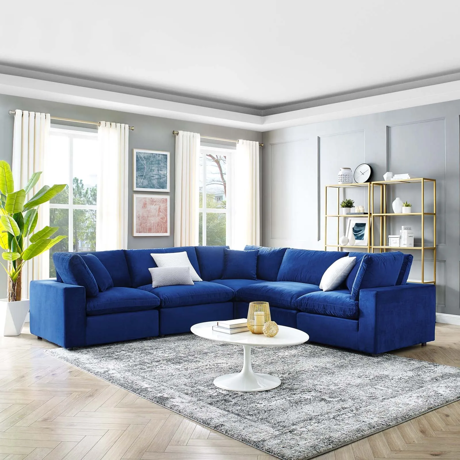 Commix Down  Filled Overstuffed Performance Velvet 5-Piece Sectional Sofa