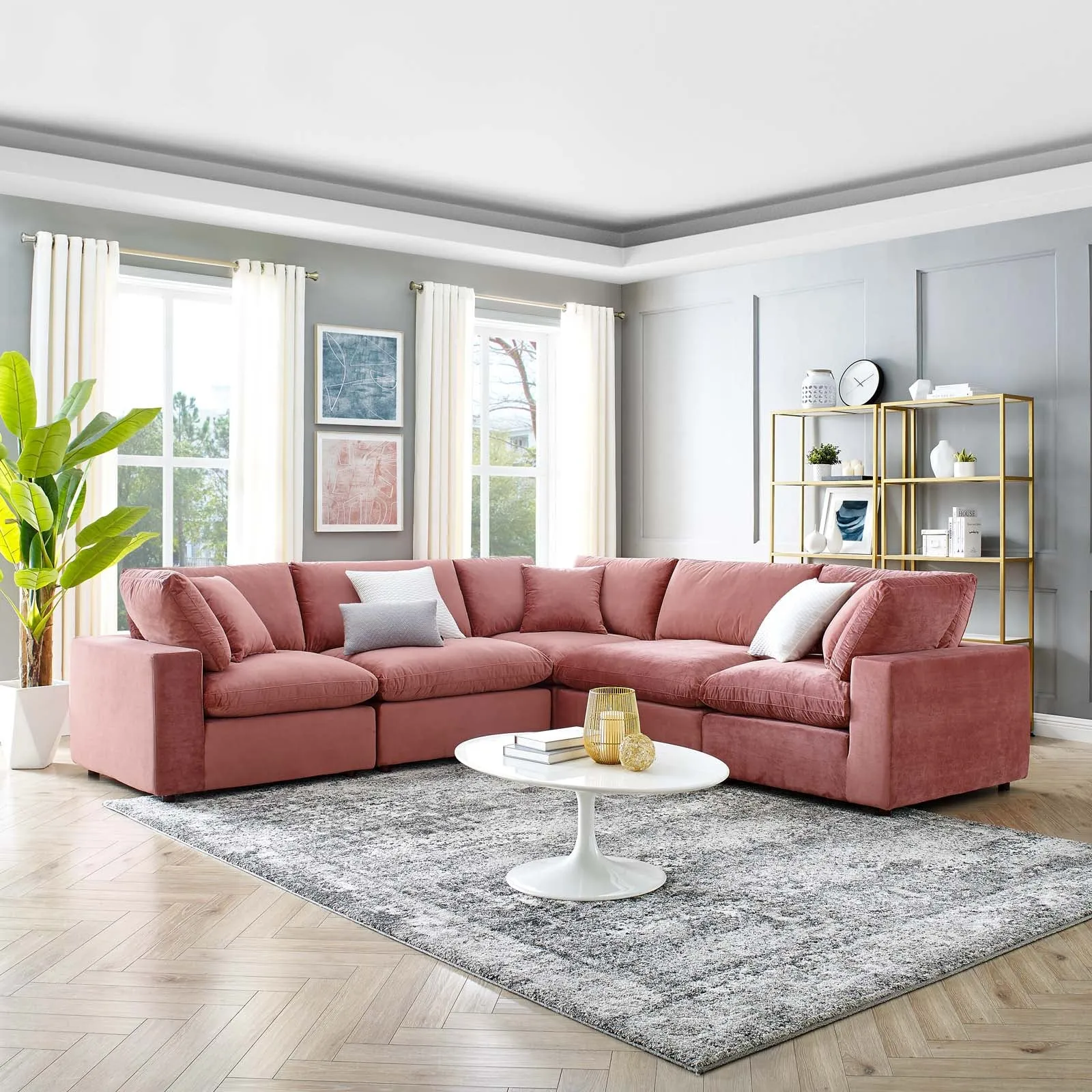 Commix Down  Filled Overstuffed Performance Velvet 5-Piece Sectional Sofa