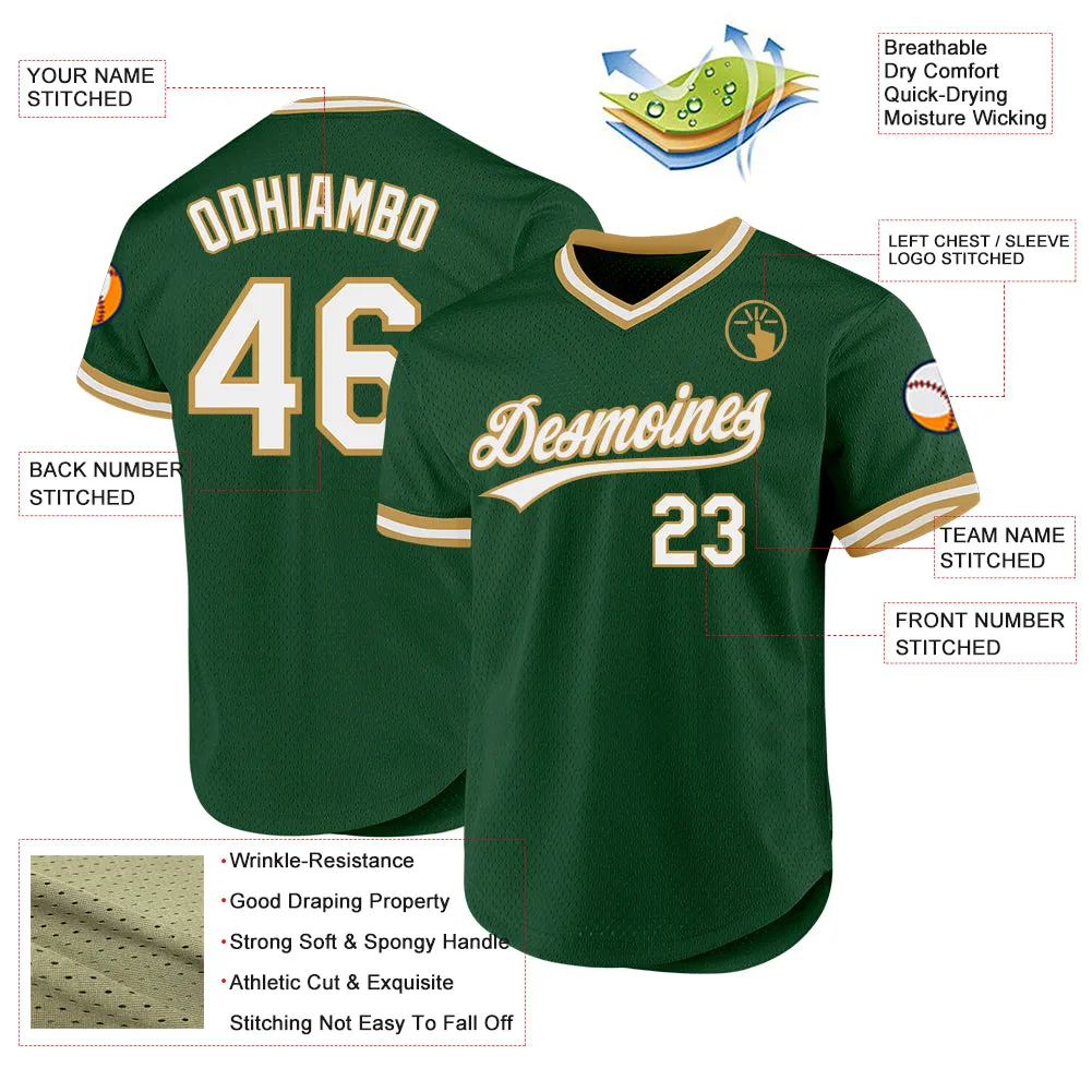 Custom Green White-Old Gold Authentic Throwback Baseball Jersey