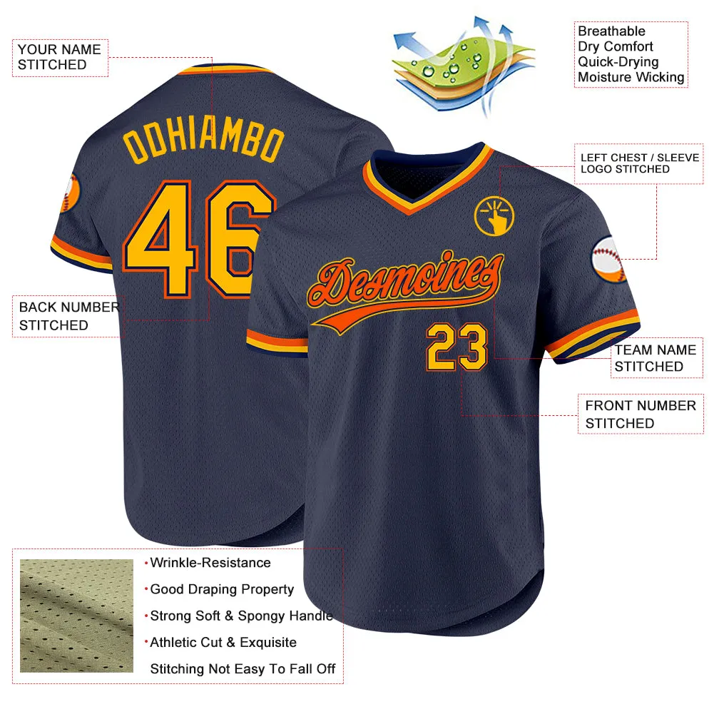 Custom Navy Gold-Orange Authentic Throwback Baseball Jersey