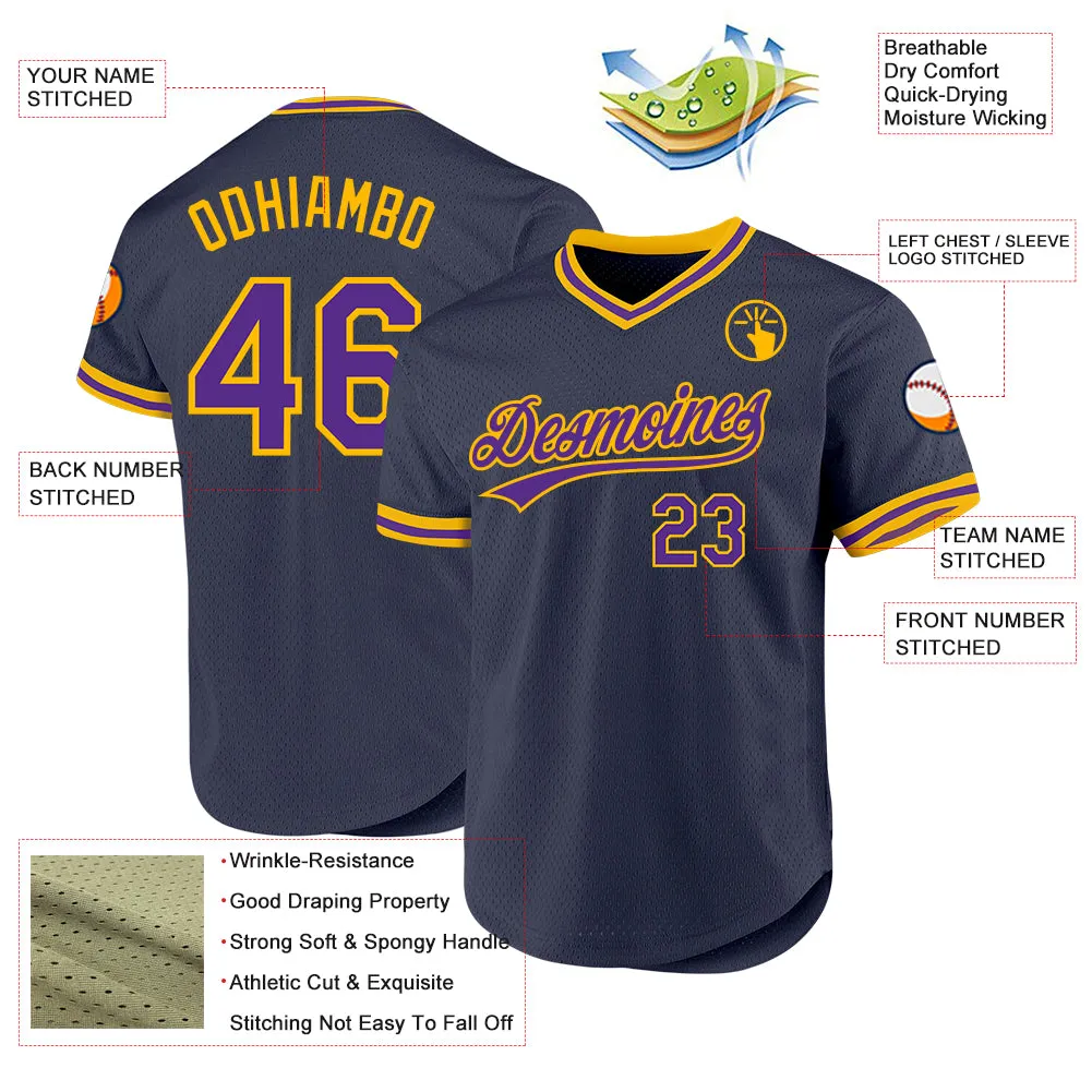 Custom Navy Purple-Gold Authentic Throwback Baseball Jersey