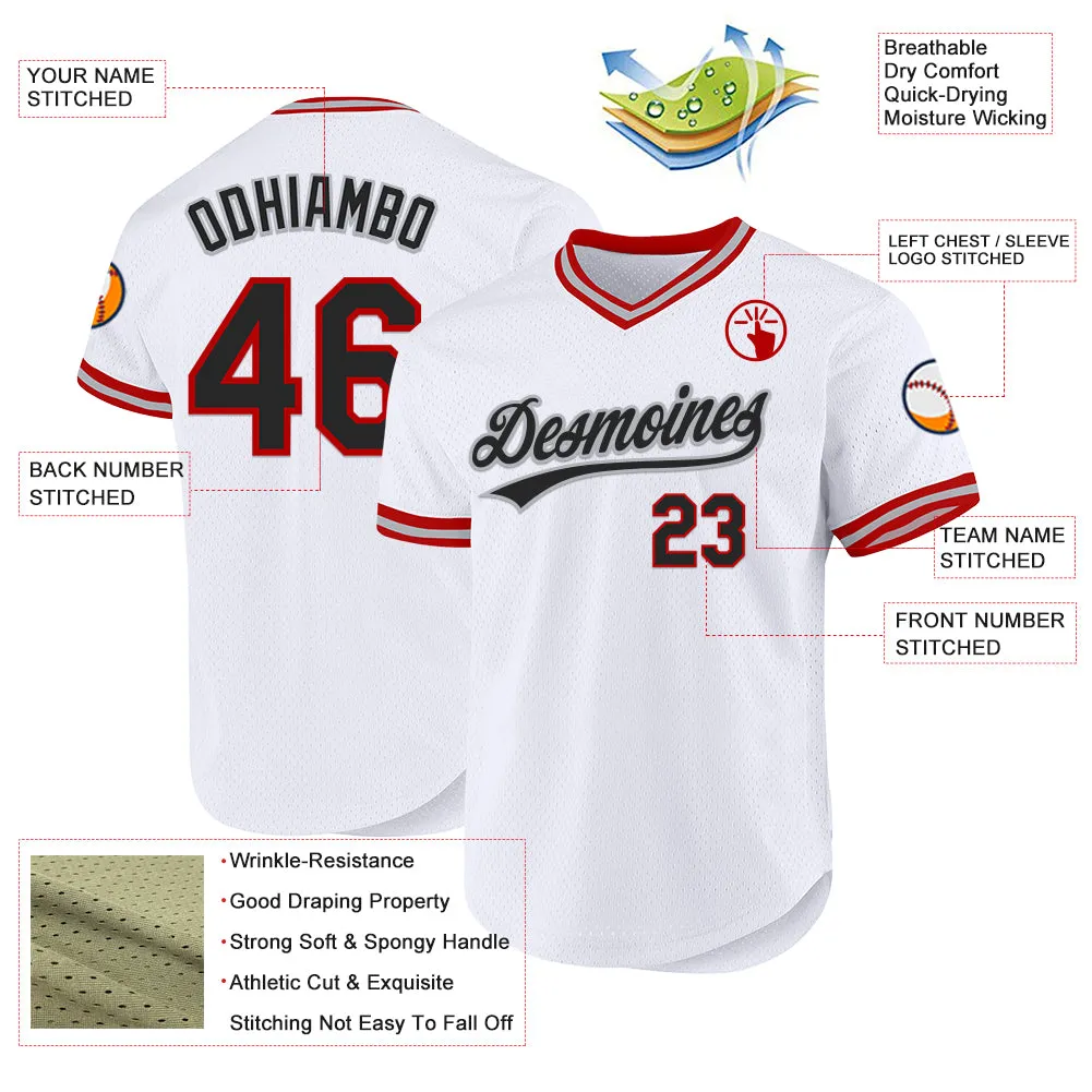 Custom White Black Red-Gray Authentic Throwback Baseball Jersey